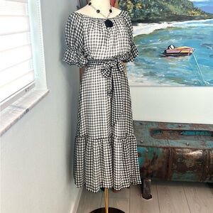 Aura the Label, Gingham Puff-Sleeve,Dress Midi Small Ruffle Ruched Cottagecore,M